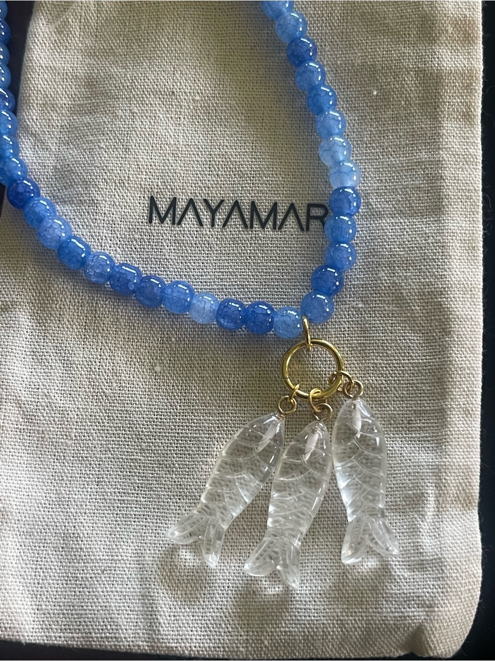 MayaMar Blue Beaded Necklace with Clear Fish Charm Trio